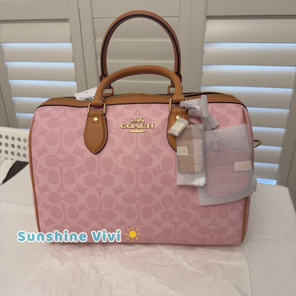 NWT Coach CEA19 Large Rowan Satchel Bag Signature Canvas With Charms Powder pink
